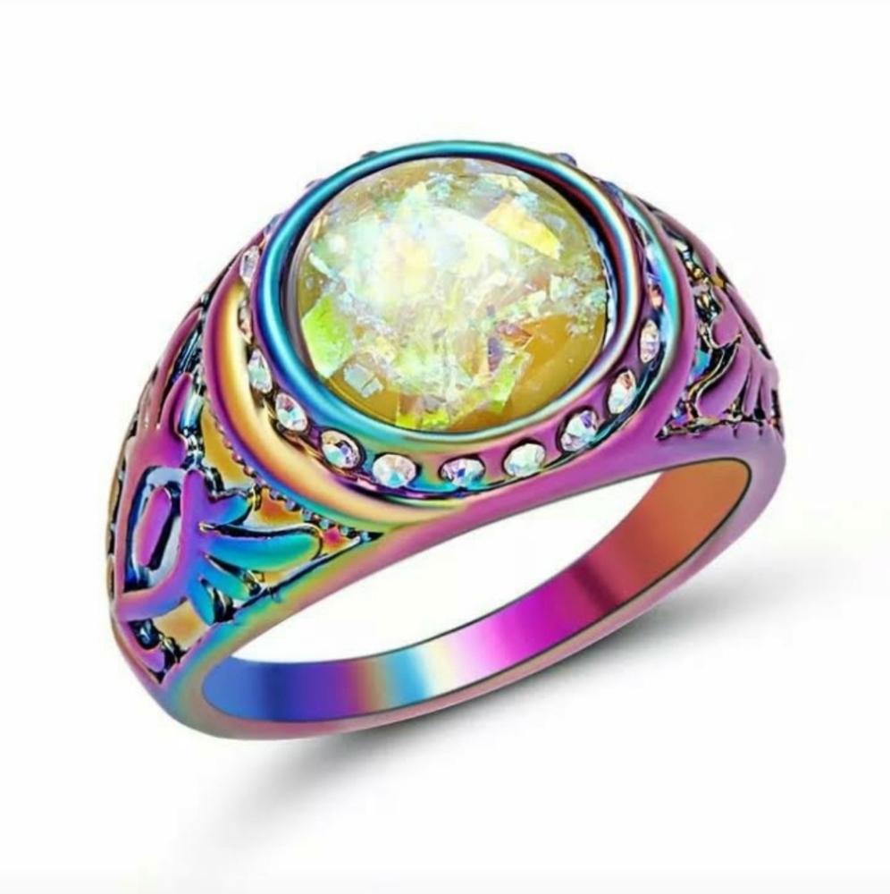 *Sale* New Yellow Fire Opal Rainbow Hematite Ring.